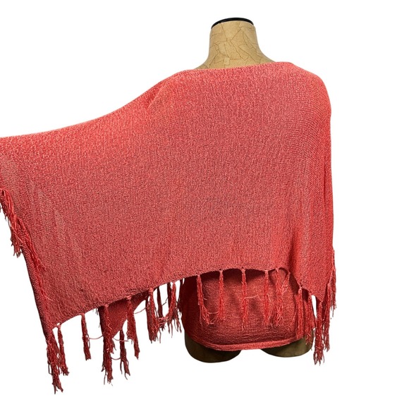 Coral Knit Fringe Poncho Sweater Top Orange Pink Boho Summer New Reba - Picture 2 of 6